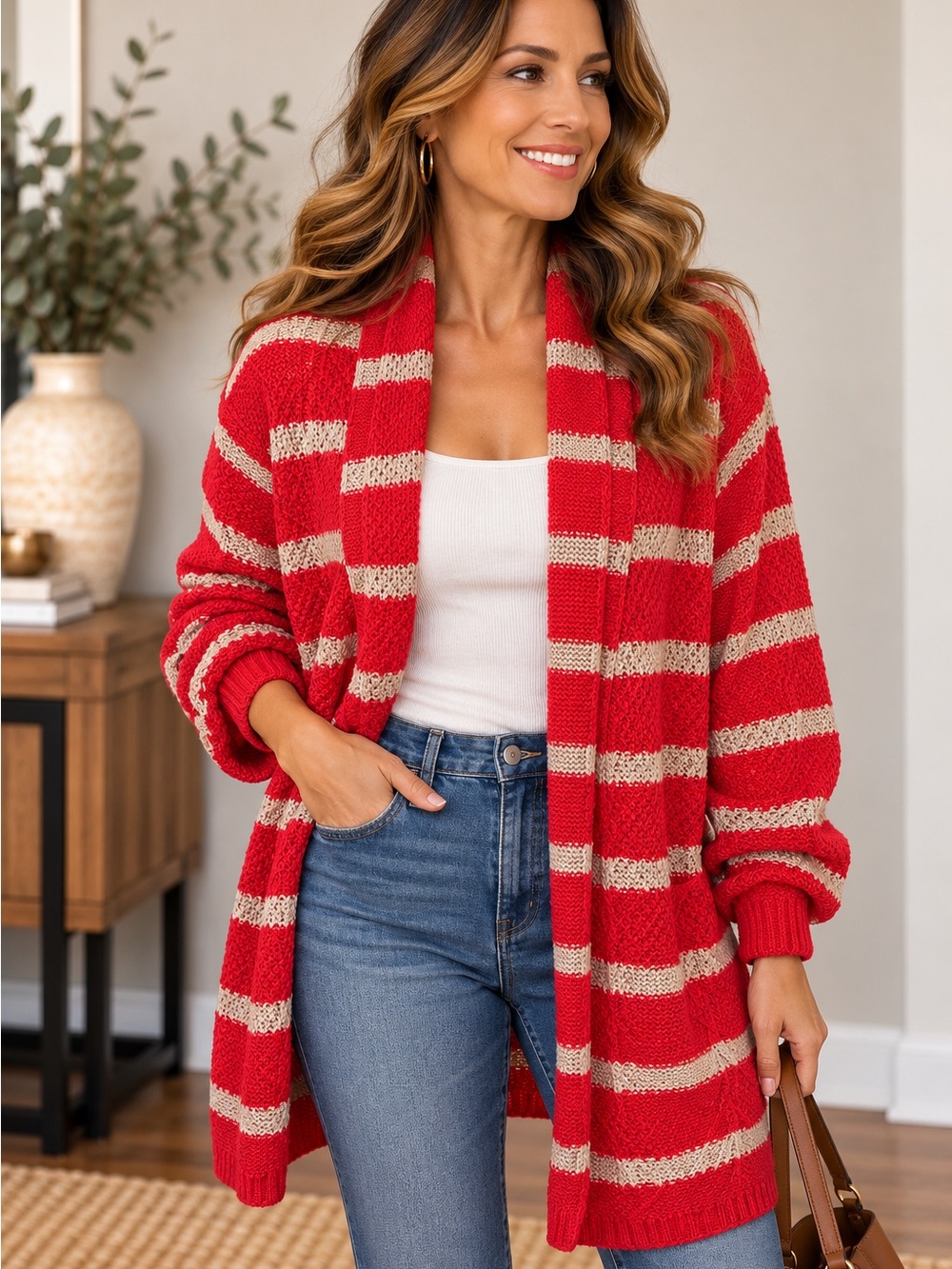Liz Claiborne Red & Cream Striped Open-Front Cardigan